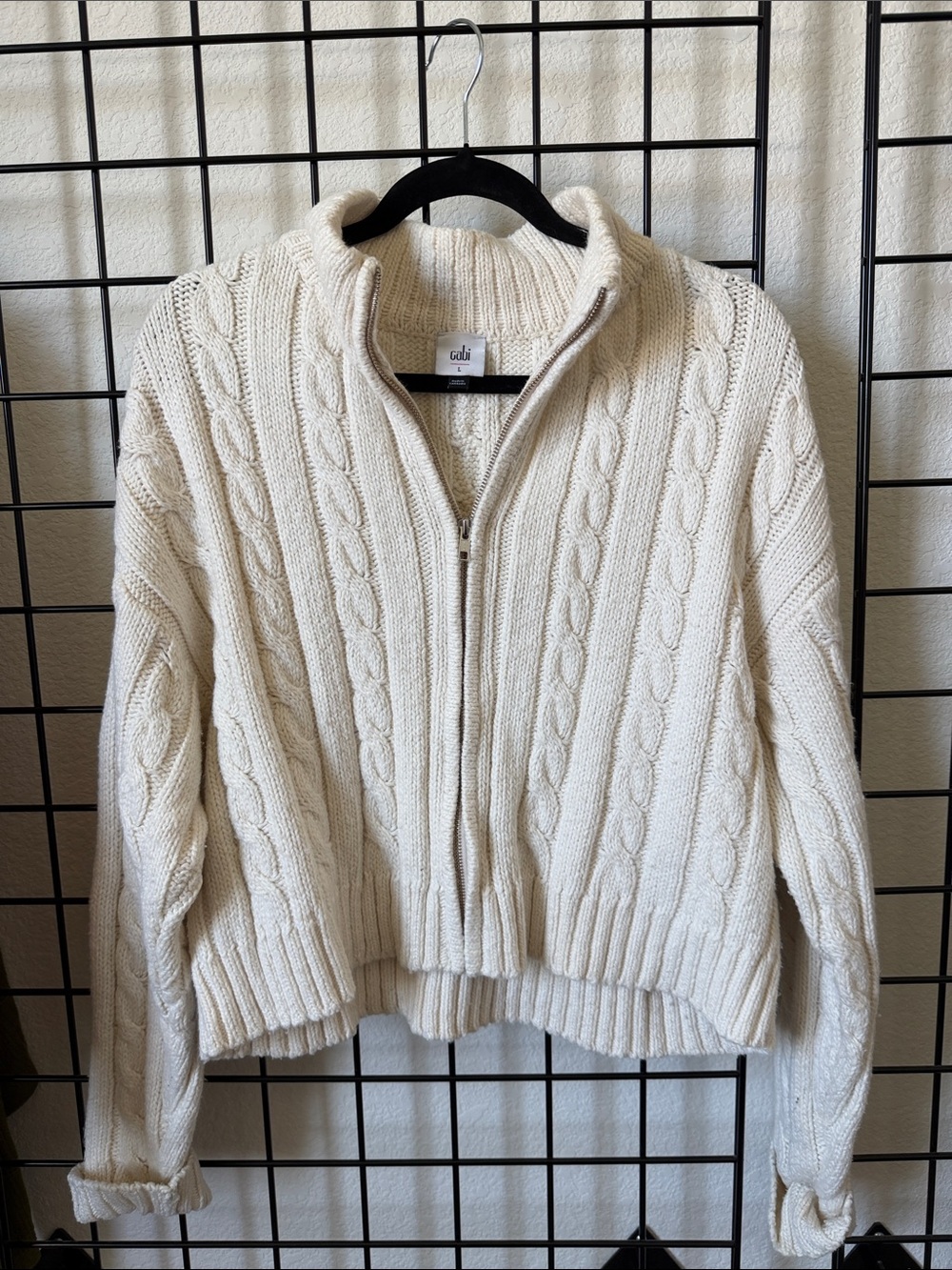 CAbi Cream Cable-Knit Zip Mock-Collar Cardigan